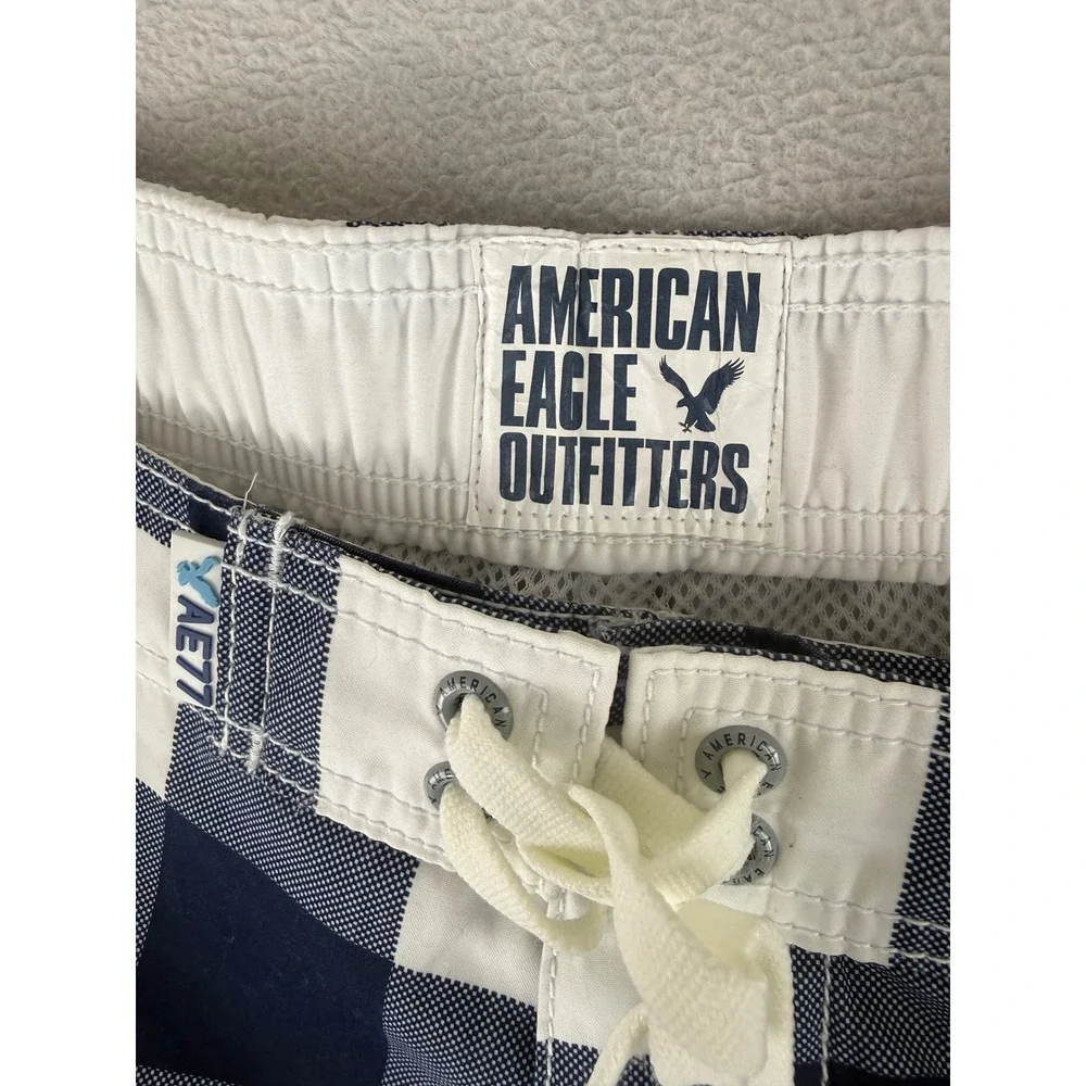 American Eagle Swim Trunks Mens XL Navy Blue White Buffalo Plaid Board Shorts